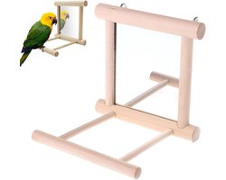 Spiegelvogelkooi, Vogelspeelgoed voor kooi, Huisdiervogelstandaard met spiegel, Houten vogelkooispeelgoed, Natuurlijk houten speelgoed voor papegaaien, papegaai, parkiet, parkiet, valkparkiet, kanaries en andere vogels - 10×10×10cm