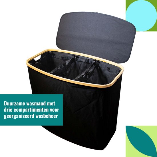 Panier à linge SolVva 3 compartiments – Panier à linge 205 L avec 3 compartiments et Sacs à linge en filet – Paniers à linge – Trieur de linge – Extra grande capacité
