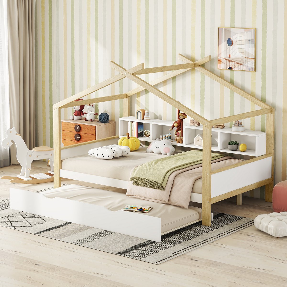 Kinderbed houten huis 140*200 cm met uitbreidingsbed en vier opbergvakken, wit