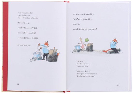 Vos en Haas, kinderboek illustratie met een vos die soep kookt en een haas die met kolen speelt. Tekst in het Nederlands.