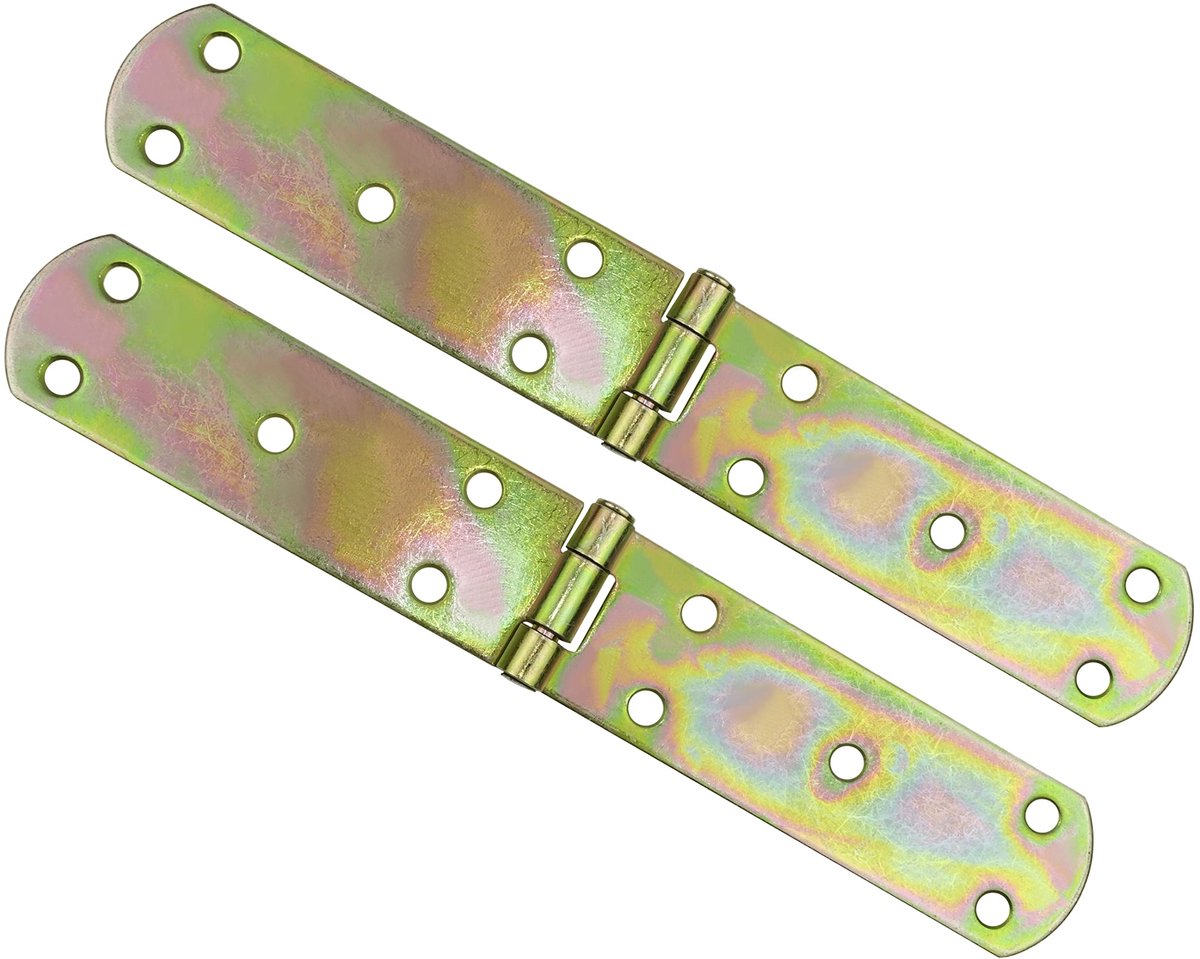 Set van 2 universele scharnieren van geel verzinkt staal van 245 x 38 mm met 10 bevestigingsgaten, ideaal voor stevige en duurzame kastdeuren