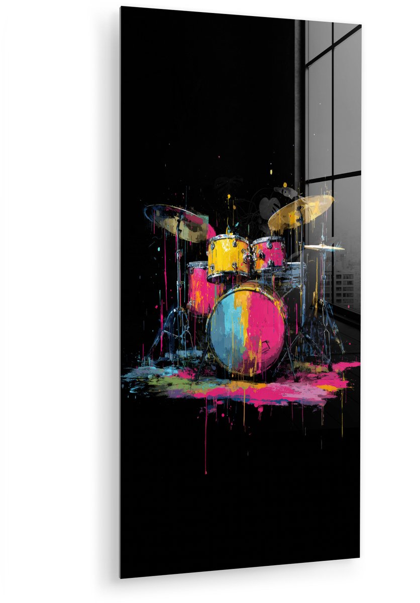 MuchoWow® Glasschilderij 60x120 cm - Schilderij acrylglas - Drumstel - Kleurrijk - Verf - Levendig - Foto op glas - Muurdecoratie woonkamer - Wanddecoratie slaapkamer - Schilderijen