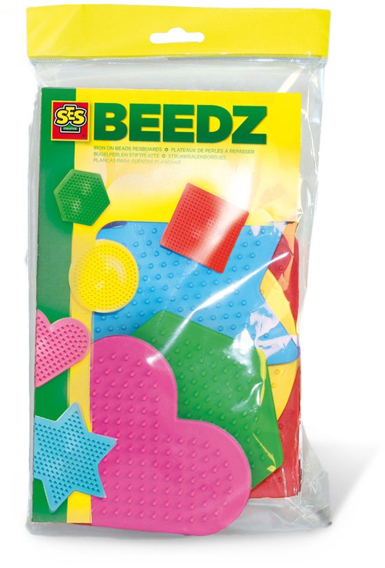 SES Creative - Beedz - Strijkkralen Grondplaten - 5 Stuks - Rond, Vierkant, Hart, Ster en Hexagon - Vanaf 5 Jaar