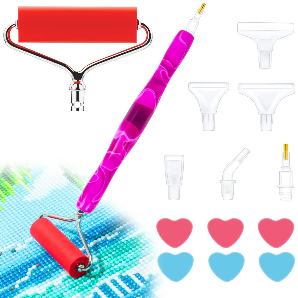 Diamond painting gereedschapset - Ergonomisch - Voor 5D Diamond painting DIY - Met 1 roller, 6 hartvormige waxstukken en 6 vervangende tips