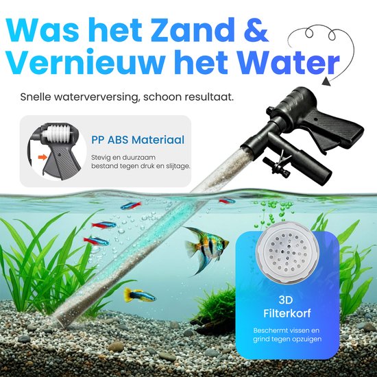 Een aquariumreiniger zuigt grind en vuil op, terwijl een filtermandje vissen beschermt. PP ABS Materiaal is stevig en duurzaam.