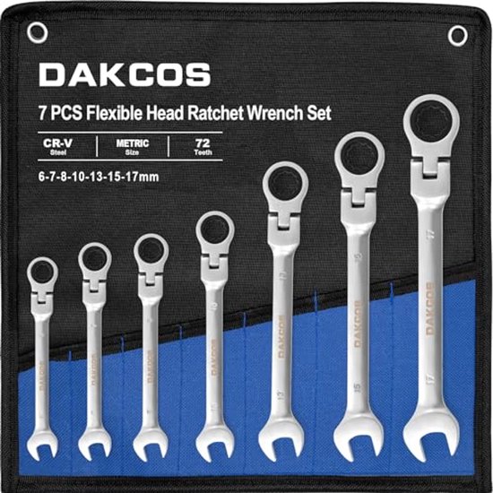 DAKCOS 7-Piece Ratchet Wrench Set 6-17 mm, Socket Ring Wrench 72 Teeth 5° with Storage Bag for Repairs and DIY Jobs