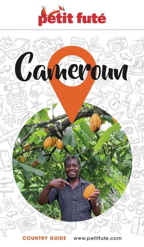 Un homme tenant un fruit de cacao, avec des cacaoyers et le titre 'Cameroun' en arrière-plan.