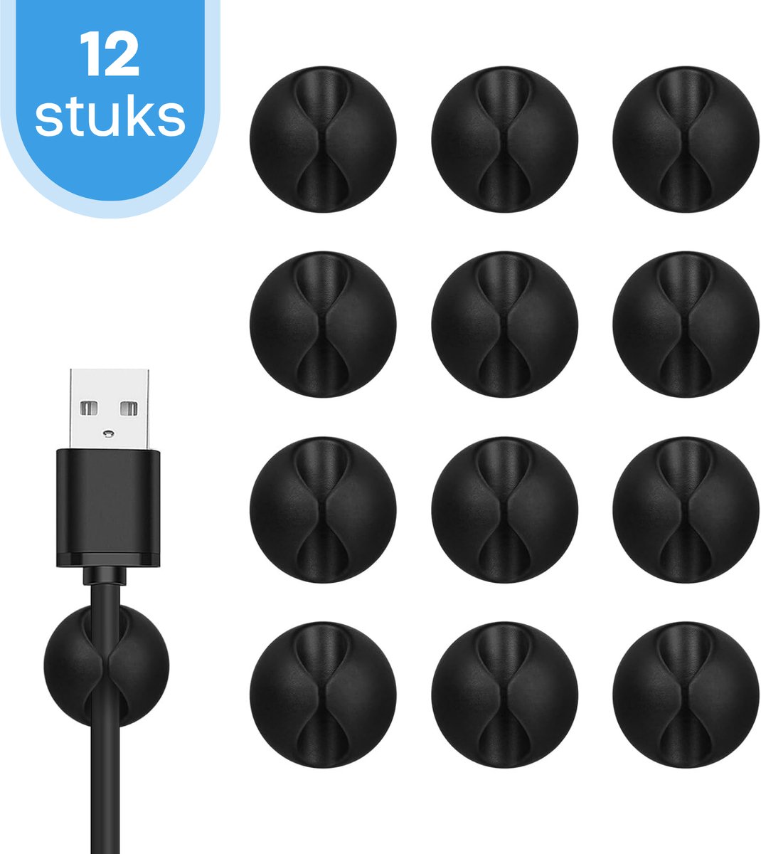 FOXLY® Kabel Houder 12 stuks Rond - Kabelclip Zwart - Kabelorganiser - Bureau Organizer - Zelfklevend - Kabel management