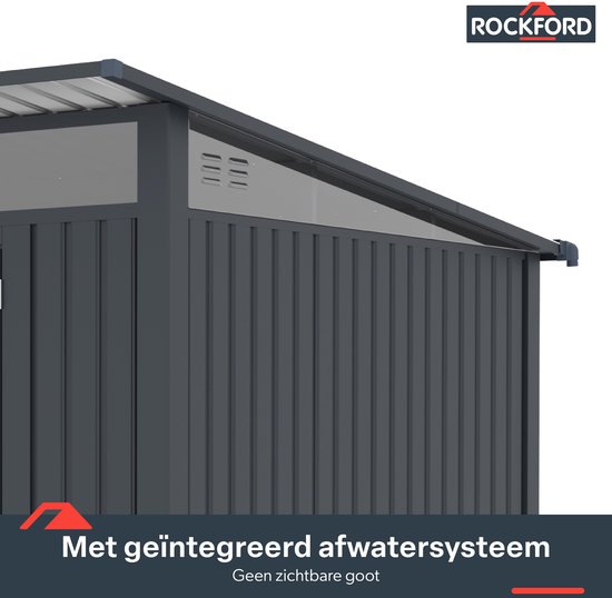 Rockford Porto 200 metalen tuinhuis met lessenaarsdak - Tuinschuur met centraal slot, polycarbonaat ramen en regenpijpen - 232 x 254 cm - Antraciet