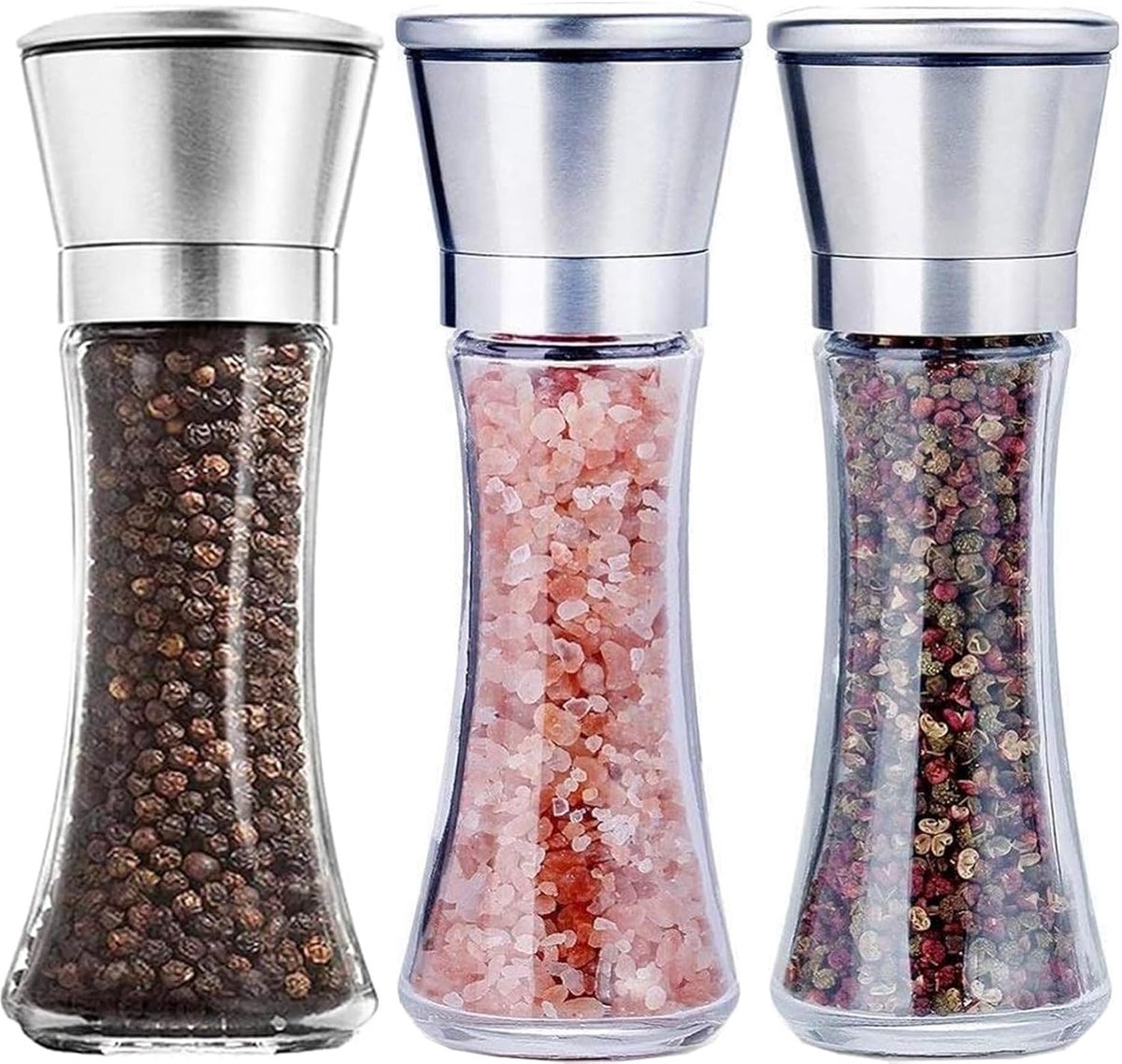 Set van 3 Zout- en Pepermolens - Specerijenmaler met Verstelbare Keramische Molen - Chili Molen voor Zout, Specerijen en Peper (19 cm x 6.5 cm, zonder)