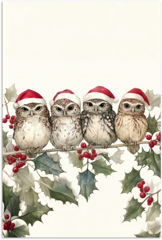 Poster 80x120 cm - Uilen - Tak - Hulstblaadjes - Kerstmuts - Posters - Kamer decoratie - Wanddecoratie woonkamer - Muurdecoratie slaapkamer - Kerstversiering - Kerstdecoratie voor binnen - Kerstmis