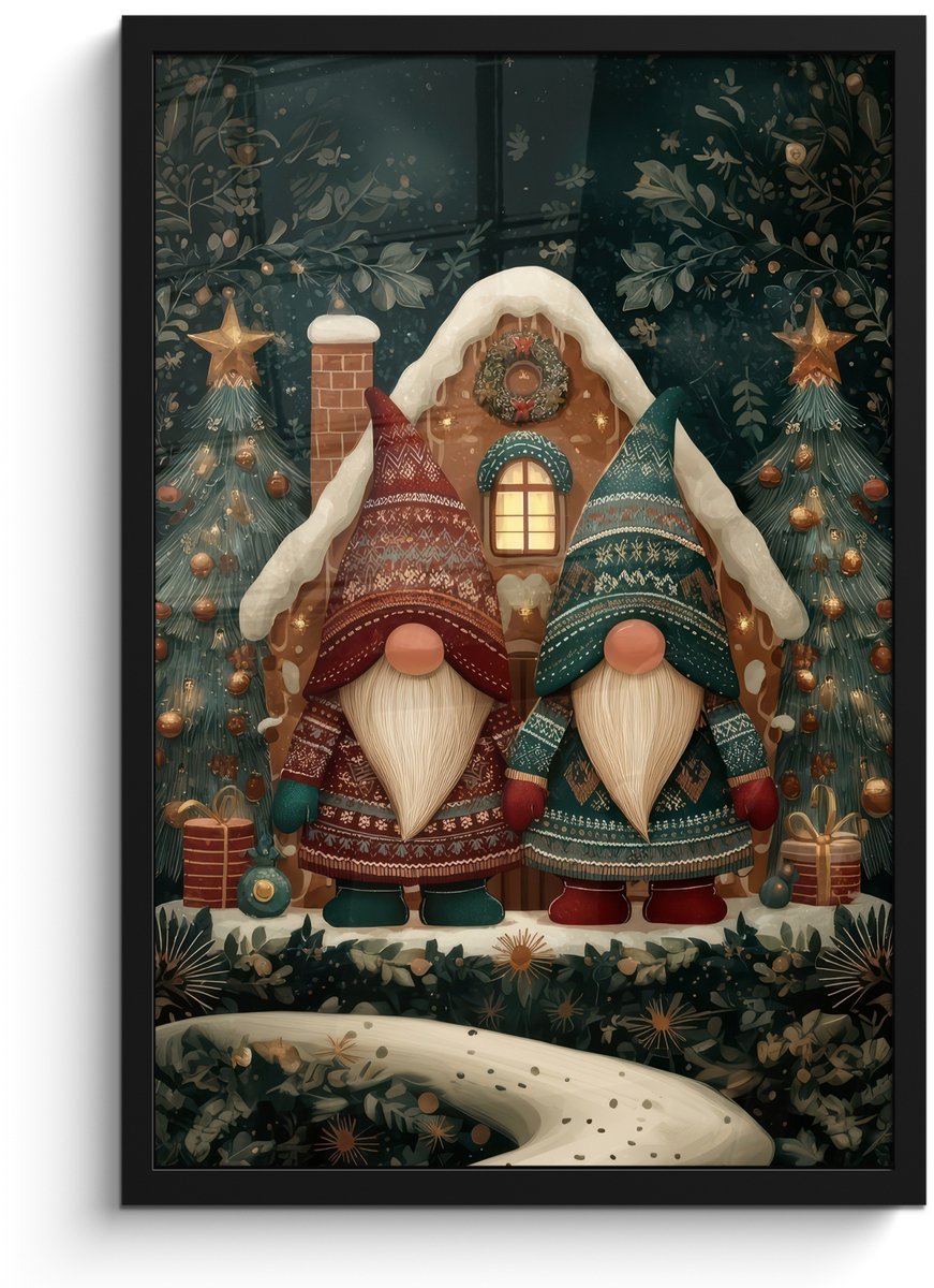 FrameYourWall Poster in lijst - Fotolijst 40x60 cm - Posters - Kerst - Gnomen - Peperkoekhuisje - Rood - Groen - Posterlijst zwart - Decoratie - Wanddecoratie woonkamer - Muurdecoratie slaapkamer - Kerstversiering - Kerstdecoratie voor binnen - Kerstmis Kerst - Gnomen - Huisje - Rood - Groen
