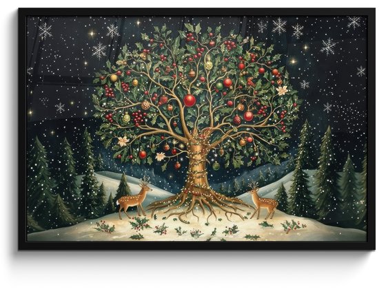 Poster in lijst - Fotolijst 90x60 cm - Posters - Feestboom - Winterhemel - Kleurrijk - Posterlijst zwart - Decoratie - Wanddecoratie woonkamer - Muurdecoratie slaapkamer - Kerstversiering - Kerstdecoratie voor binnen - Kerstmis