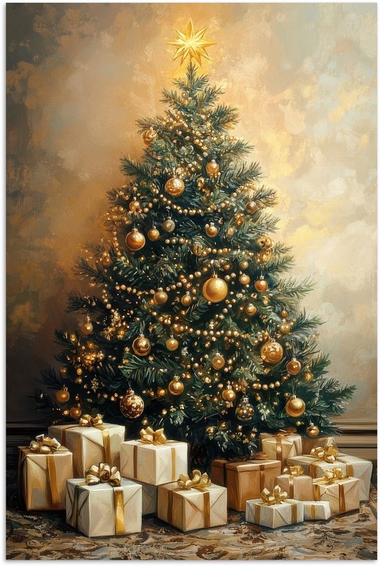 Poster 40x60 cm - Kerstboom - Cadeaus - Goud - Posters - Kamer decoratie - Wanddecoratie woonkamer - Muurdecoratie slaapkamer - Kerstversiering - Kerstdecoratie voor binnen - Kerstmis