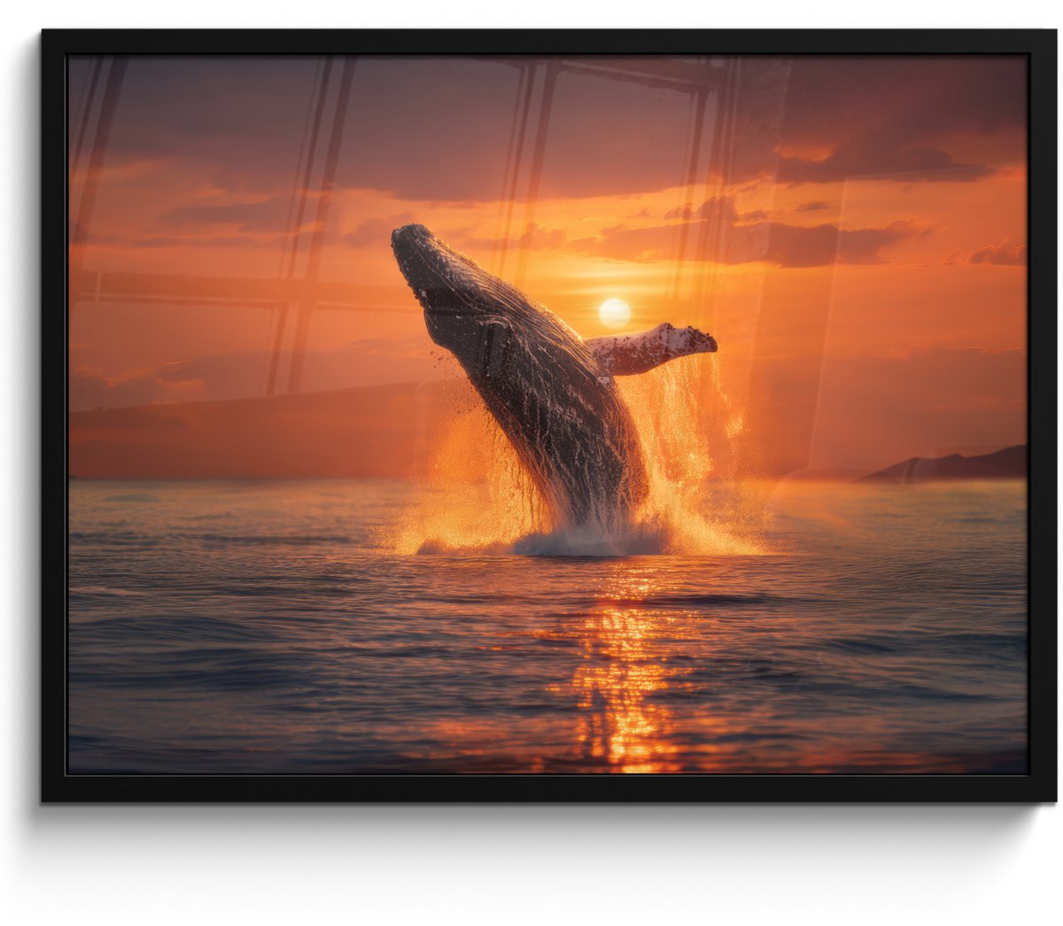 FrameYourWall Poster in lijst - Fotolijst 80x60 cm - Posters - Walvis - Zon - Zee - Posterlijst zwart - Decoratie - Wanddecoratie woonkamer - Muurdecoratie slaapkamer