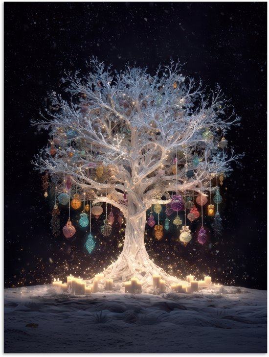 Poster 90x120 cm - Sneeuwboom - Lichtjes - Wit - Kleurrijk - Posters - Kamer decoratie - Wanddecoratie woonkamer - Muurdecoratie slaapkamer - Kerstversiering - Kerstdecoratie voor binnen - Kerstmis