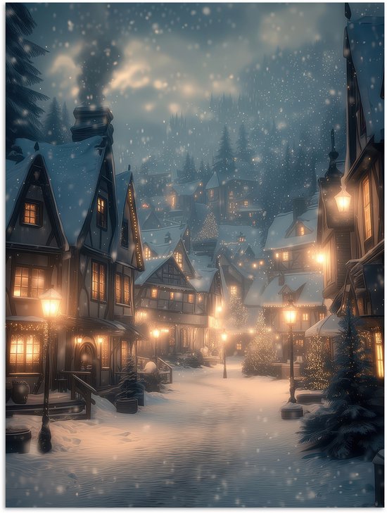 Poster 30x40 cm - Winterdorp - Sneeuw - Donker - Posters - Kamer decoratie - Wanddecoratie woonkamer - Muurdecoratie slaapkamer