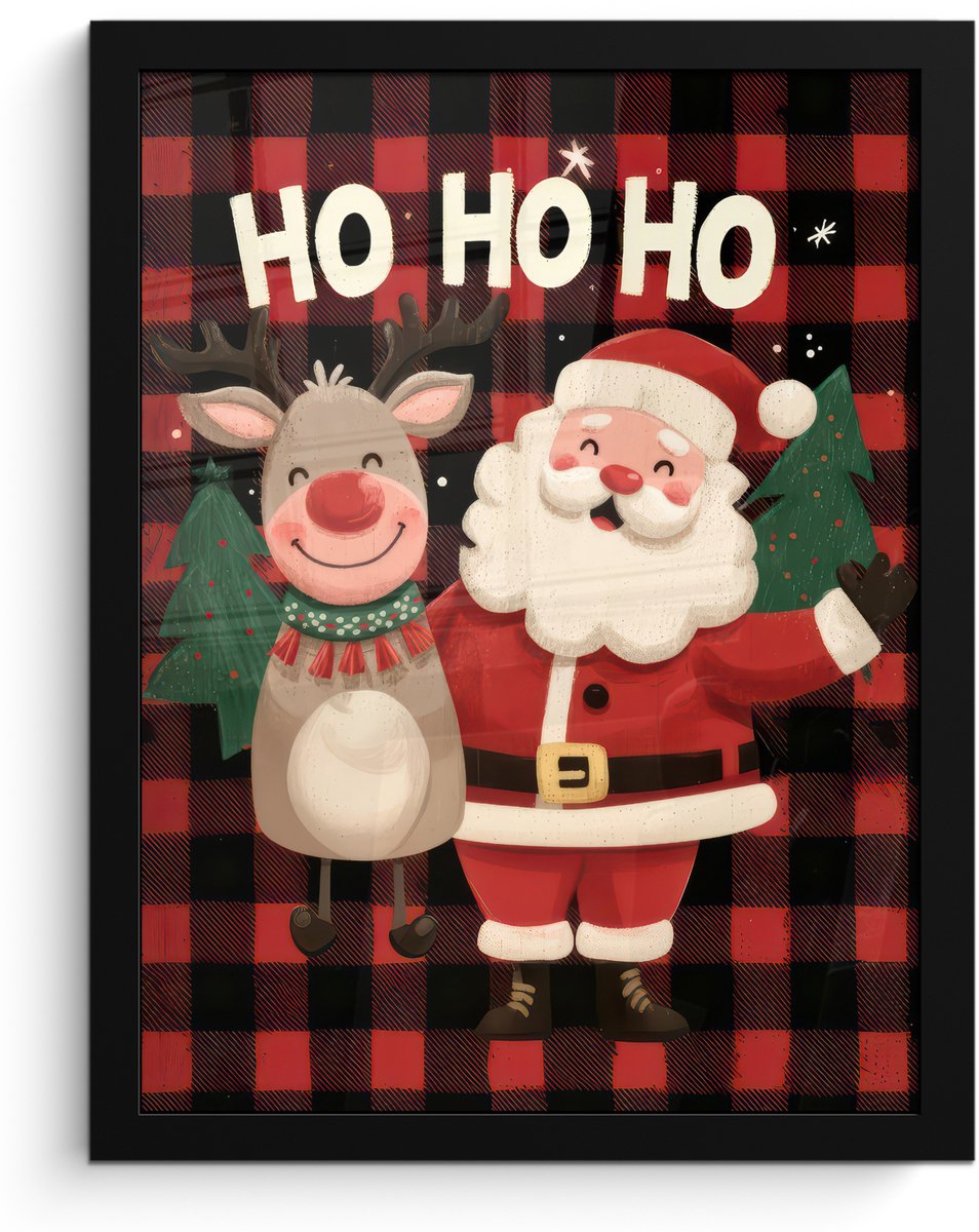 FrameYourWall Poster in lijst - Fotolijst 30x40 cm - Posters - Kerstman - Rendier - Tekst - Rood - Zwart - Posterlijst zwart - Decoratie - Wanddecoratie woonkamer - Muurdecoratie slaapkamer - Kerstversiering - Kerstdecoratie voor binnen - Kerstmis