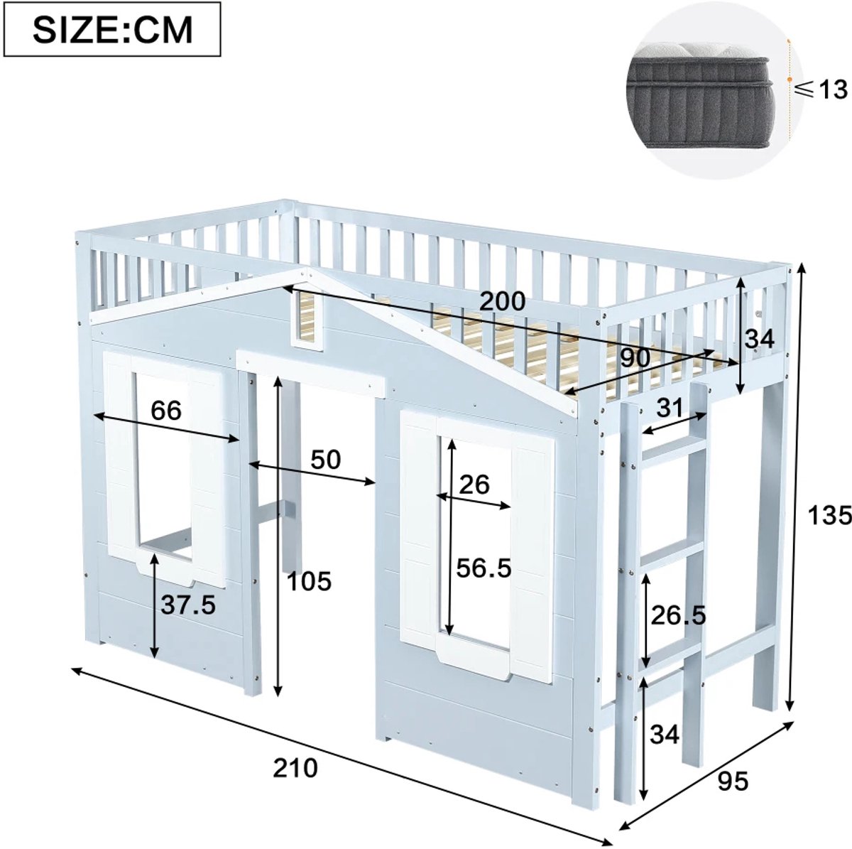 Hoogslaper voor kinderen met opberglades en bureau onder het bed - Zonder matras Hoogslaper voor kinderen met opberglades en bureau onder het bed - Zonder matras