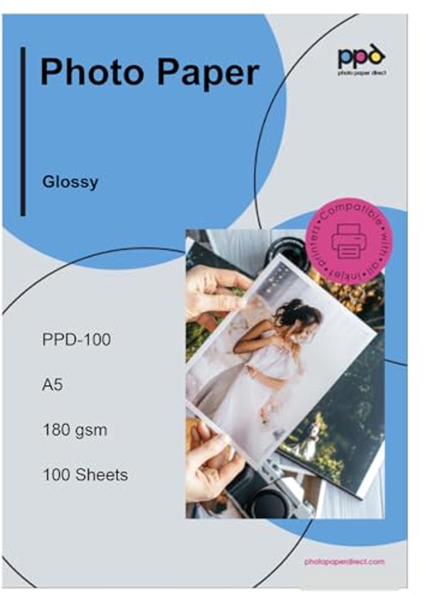 Hoogglans A5 Inkjet Fotopapier 180 g/m2 - 100 Vellen - Waterbestendig en Direct Droog
