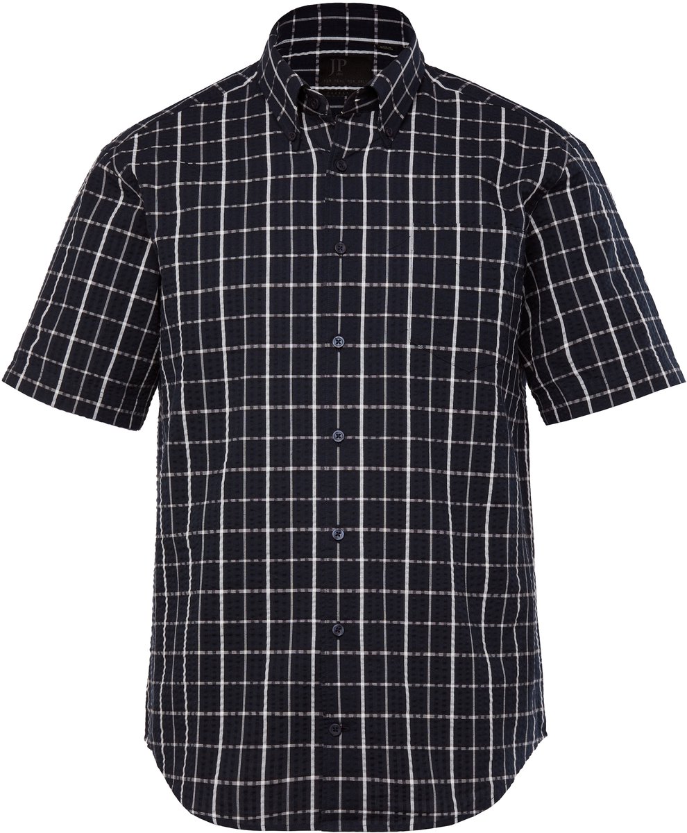 JP 1880 - Heren - Geruit overhemd halflange mouwen seersucker buttondown kraag - Navy blauw - Maat XXL