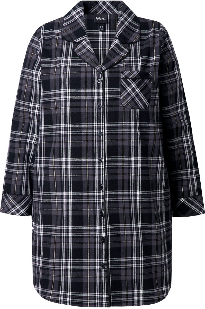 Ulla Popken Dames - Nachthemd flanel ruit reverskraag lange mouwen - Zwart - Maat 46+