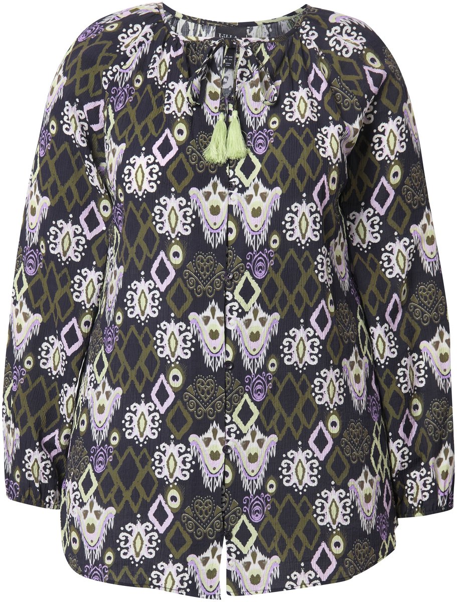 Ulla Popken - Dames - Blouse kwastlint ronde hals lange mouwen - Marine - Maat 50+