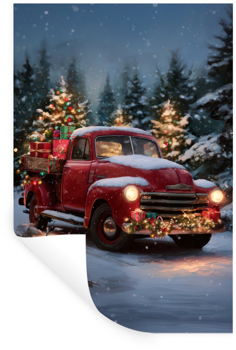 Muurstickers - Sticker Folie - Kersttruck - Sneeuwbos - Rood - 80x120 cm - Plakfolie - Muu