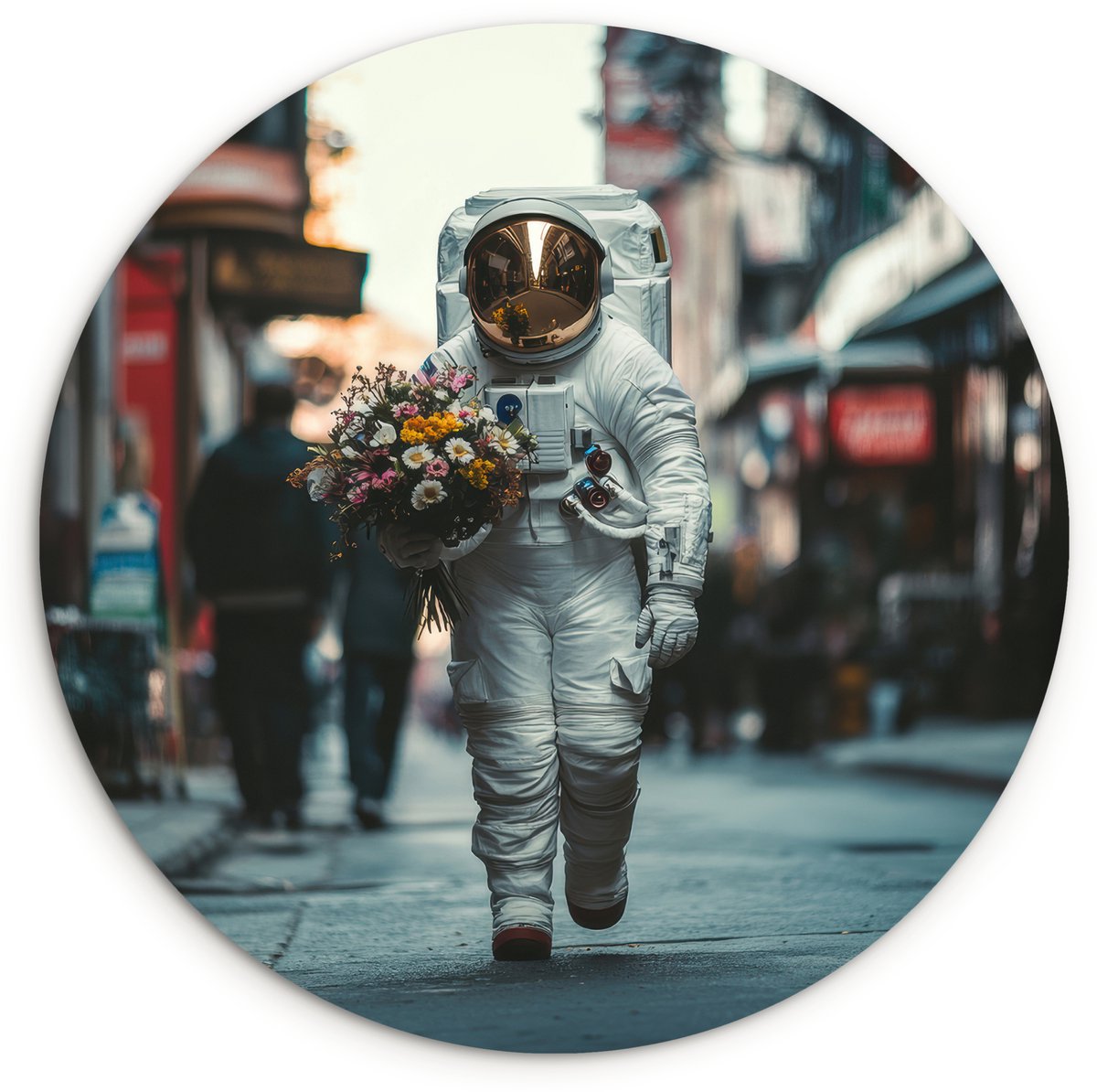 WallCircle Wandcirkel 60x60 cm - Muurcirkel Boeket - Bloemen - Kleurrijk - Astronaut - Muurdecoratie woonkamer - Wanddecoratie slaapkamer - Kamer decoratie accessoires - Ronde schilderijen