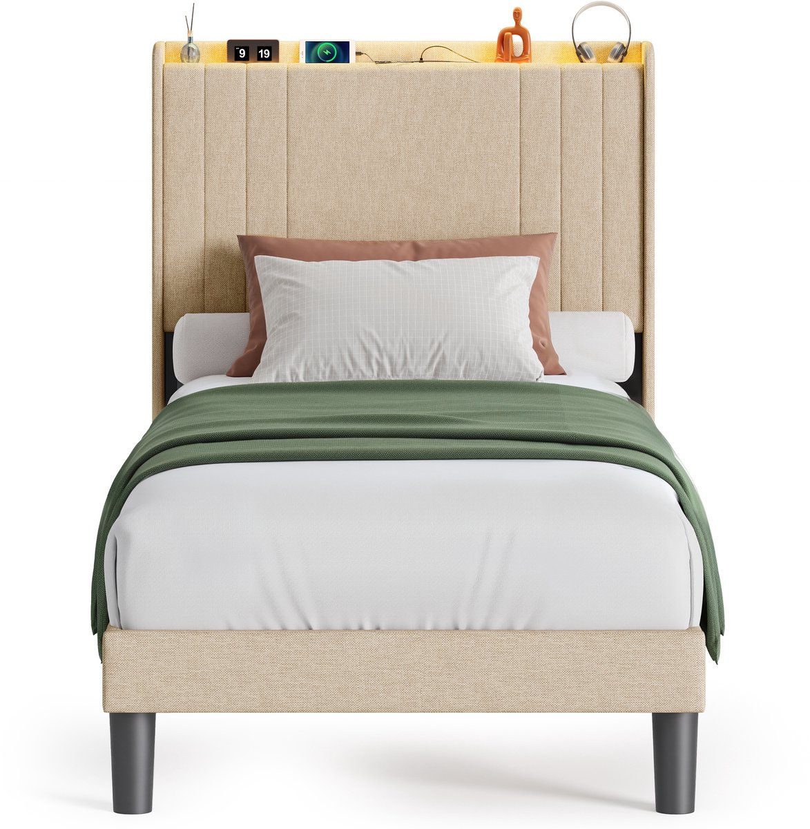 Xbro Gestoffeerd Bed 90 x 200 cm – met LED-Verlichting & USB/Type-C Oplaadpoort – Eenpersoonsbed met Hoofdbord en Lattenbodem – Beige — cadeau in Cadeau-ideeën - foto 8