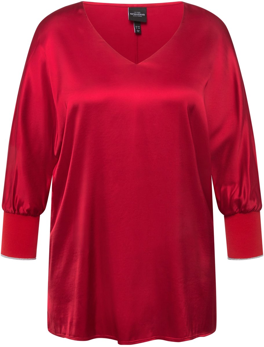 Ulla Popken - Dames - blouse satijn V-hals 3/4-vleermuismouwen - Roodbruin - Maat 50+