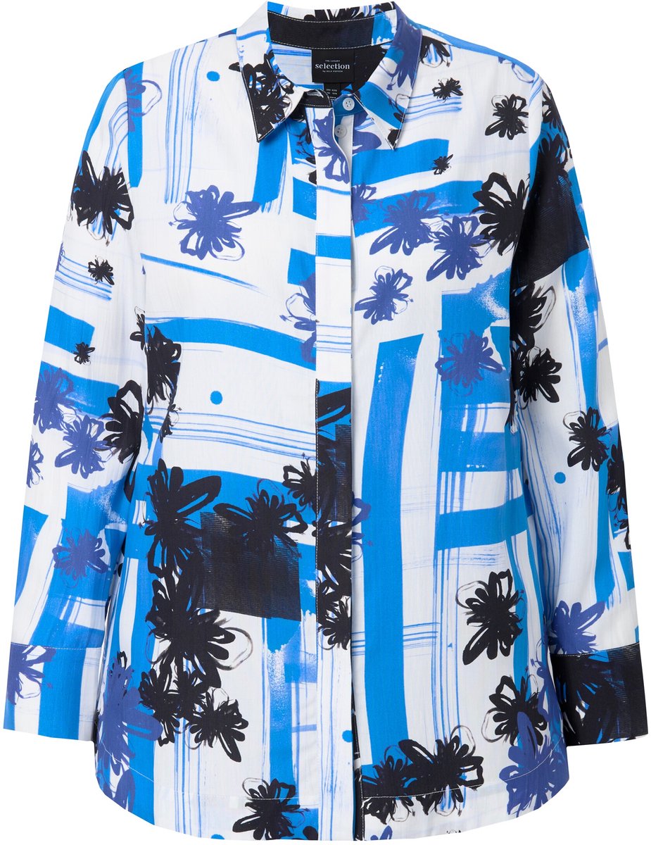 Ulla Popken - Dames - Lyocell blouse grafisch design overhemdkraag lange mouwen - Sneeuwwit - Maat 54+