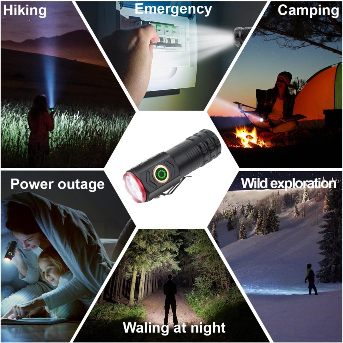 Super Bright LED Torch - Portable Mini LED Flashlight met USB Oplaadbaar - 5 Verlichtingsmodi - Kleine Zaklamp voor Kamperen en Noodgevallen - Zwart — cadeau in Sport & Outdoor - foto 7