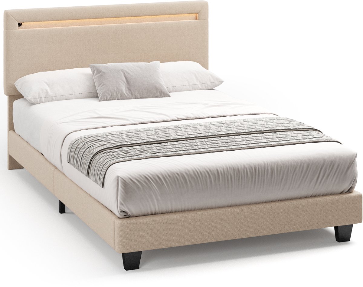 Xbro Gestoffeerd Bed 120 x 200 cm – met Bedhoofdbord LED-Verlichting – Tweepersoonsbed met Hoofdbord en Lattenbodem – Beige — cadeau in Cadeau-ideeën - foto 7