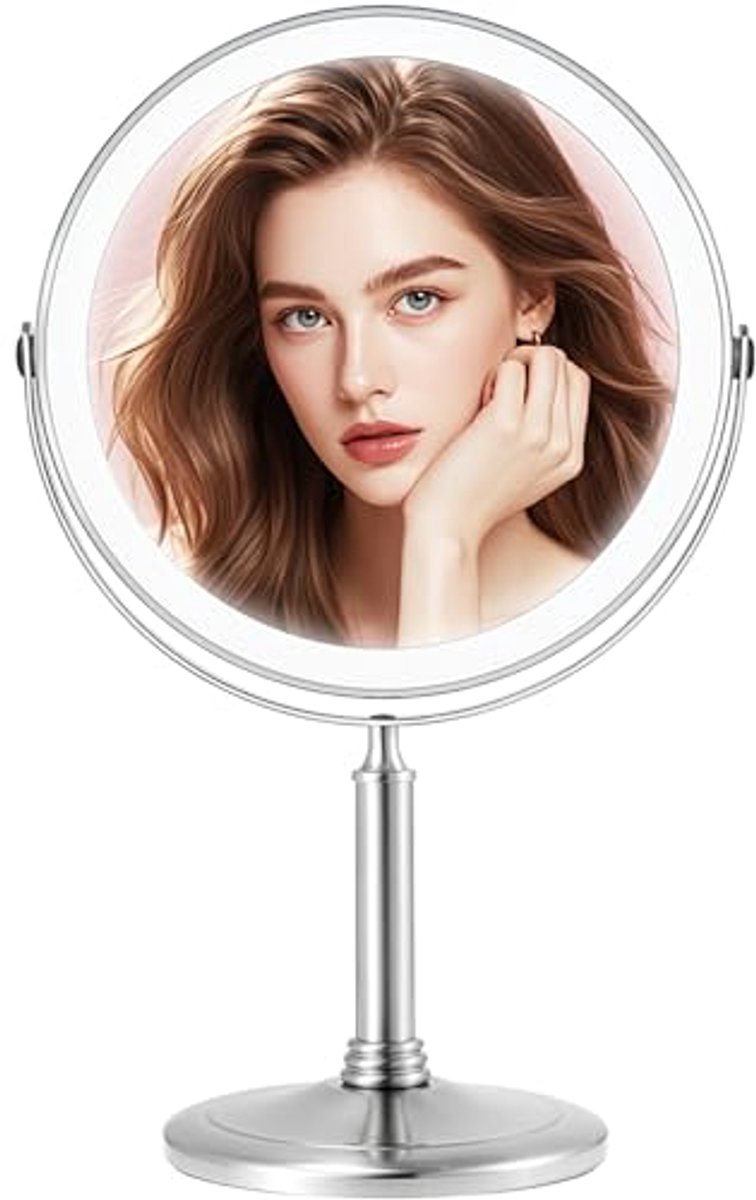 8 Inch Draadloze Verlichte Make-up Spiegel met 1X/10X Vergroting en Dimbare LED Verlichting