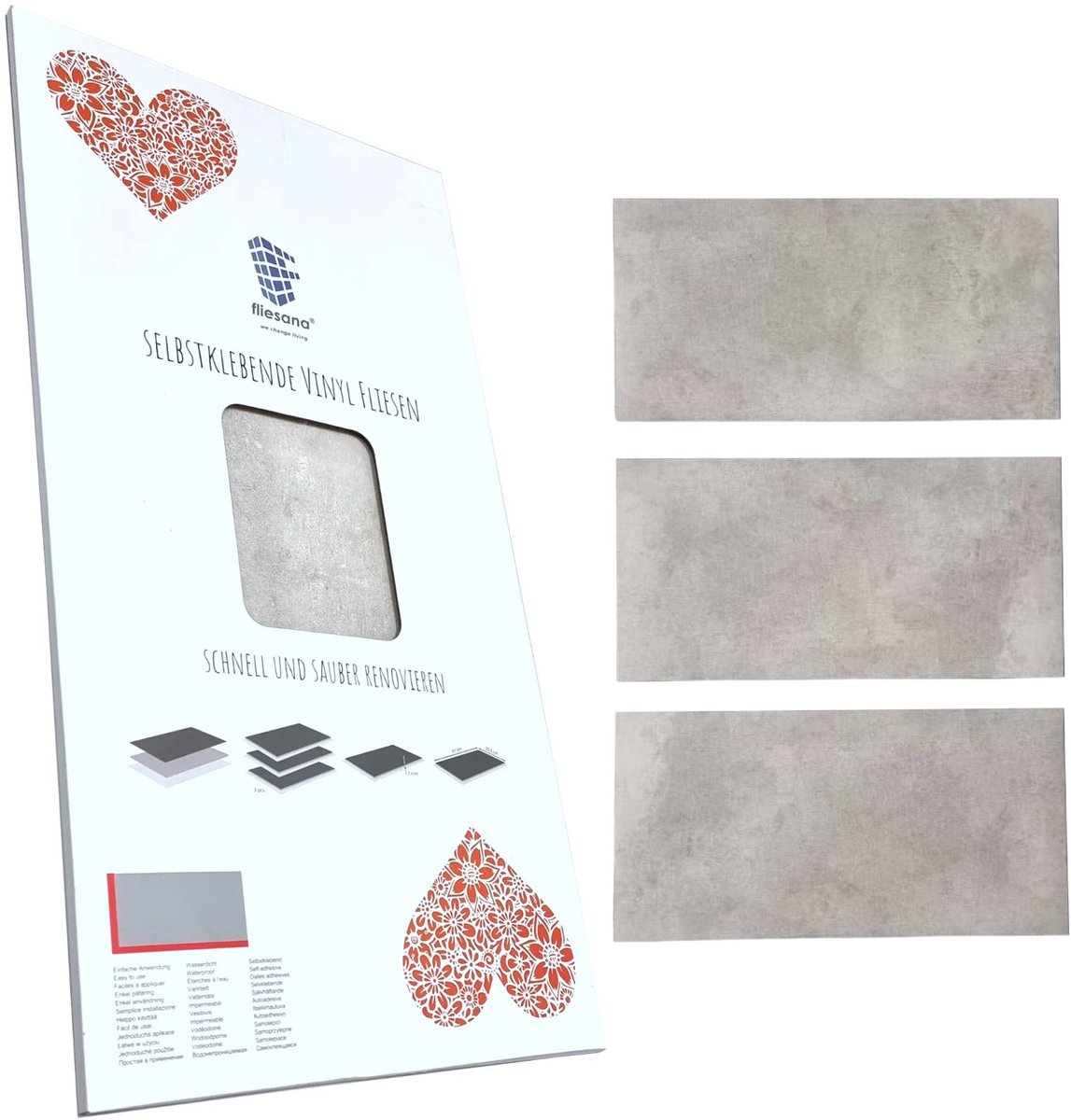 Fliesana - Zelfklevende wand- en vloertegels - set van 3 - waterbestendig, natuursteendessin - betoneffect, lichtgrijs