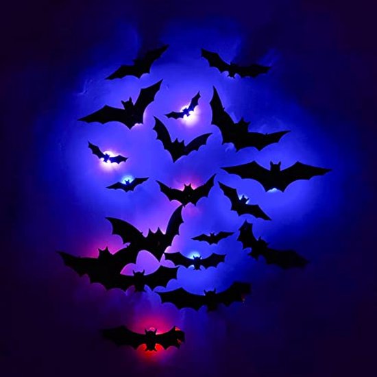 12 stuks vleermuizen LED-licht Halloween-decoratie, 3D LED-vleermuizen decoratieve vleermuizen, gloeiende vleermuisstickers voor thuis, raam, muur, feestdecoraties