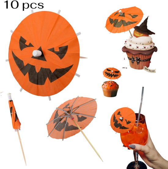 10 stuks - Feestdecoraties - Halloween pompoen cocktail drank paraplu prikkers - Spookachtige kleurrijke papieren tandenstokers - met pompoen cocktail paraplu fruit cupcake decoratie stokjes - Geschikt voor Halloween feestdecoraties