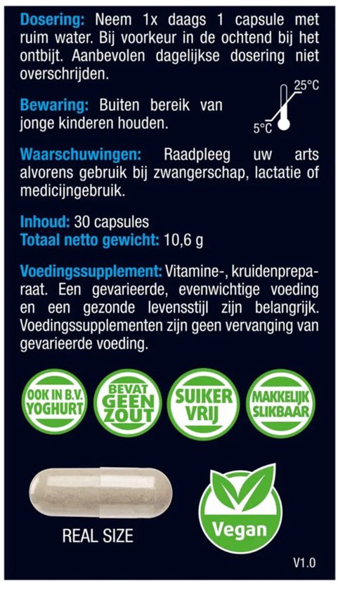 Lucovitaal NAD+. Gebruiksinstructies, waarschuwingen, inhoud en voedingssupplement informatie. Één capsule, 'Vegan', 'Yoghurt', 'Geen zout', 'Suiker vrij', 'Makkelijk slikbaar'.