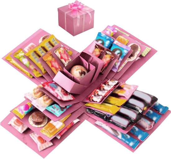 Boîte surprise explosion 5 couches pour anniversaire et Saint Valentin - bleu et rose