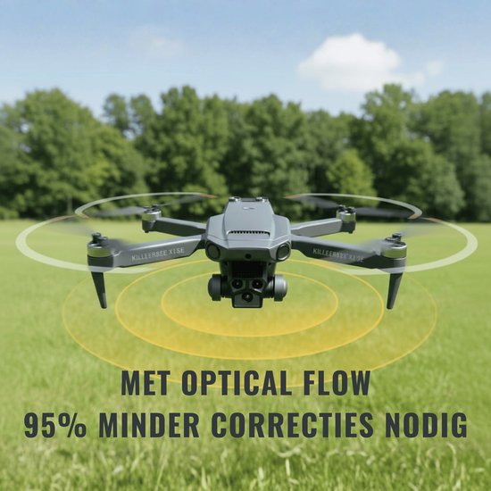 Grijze drone met oranje accenten vliegt in de lucht. Grijze propellers draaien. Gele cirkels tonen de optische flow. Tekst: 'Met Optical Flow', '95% minder correcties nodig'.