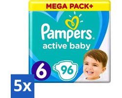 5 x Pampers - Active Baby - Luiers - Maat 6 (13-18 kg) - Extra Groot - 96 Luiers - Voordeelverpakking - 5 stuks