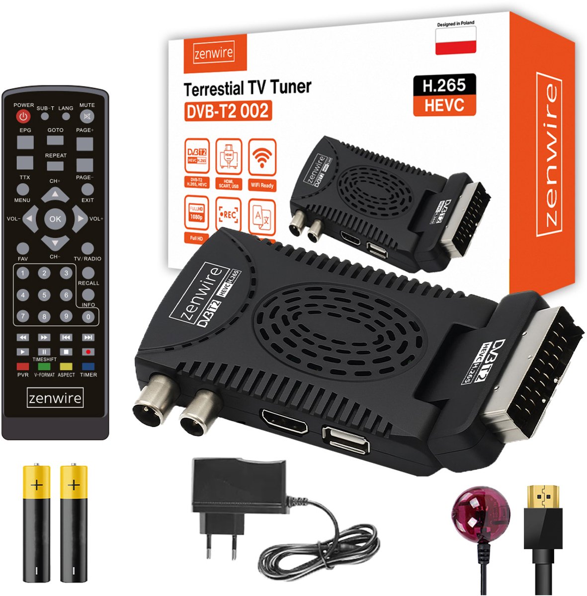 Zenwire DVB-T2 002 - TV-tuner STICK DVB-T2 H.265 HEVC-tuner - Full HD - USB - HDMI - PVR - Timeshift - EPG - SCART (Euro-aansluiting) - Afstandsbediening - Batterijen - IR-ontvanger - Voeding - Geschikt voor tv