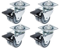 50 mm (2") dubbelwielige zwenkwielen met grijs rubber en rem, draagvermogen 280 kg, set van 4