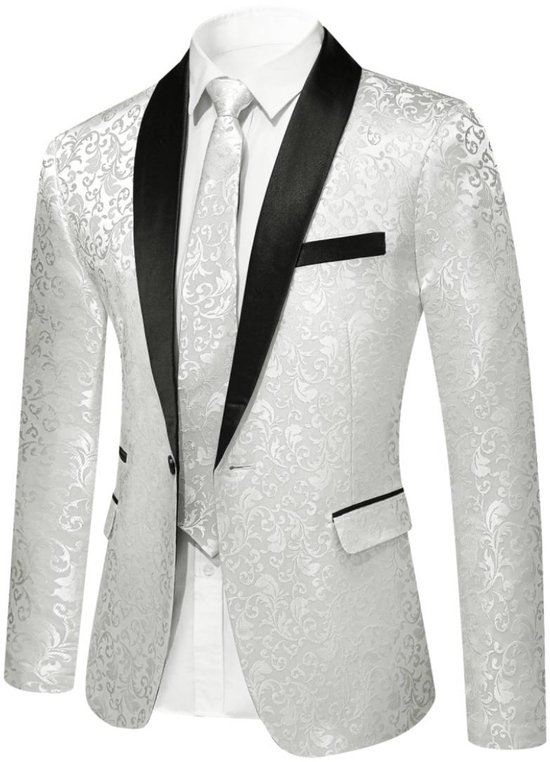 Wit jacquet met paisley-patroon, zwarte revers, bijpassende das en vest.