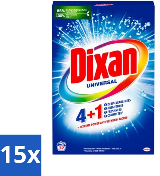 Dixan Universal - Waspoeder en Vlekverwijderaar - Extreme Power - Witte en Gekleurde Was - 37 Wasbeurten - Bulkverpakking - 15 stuks