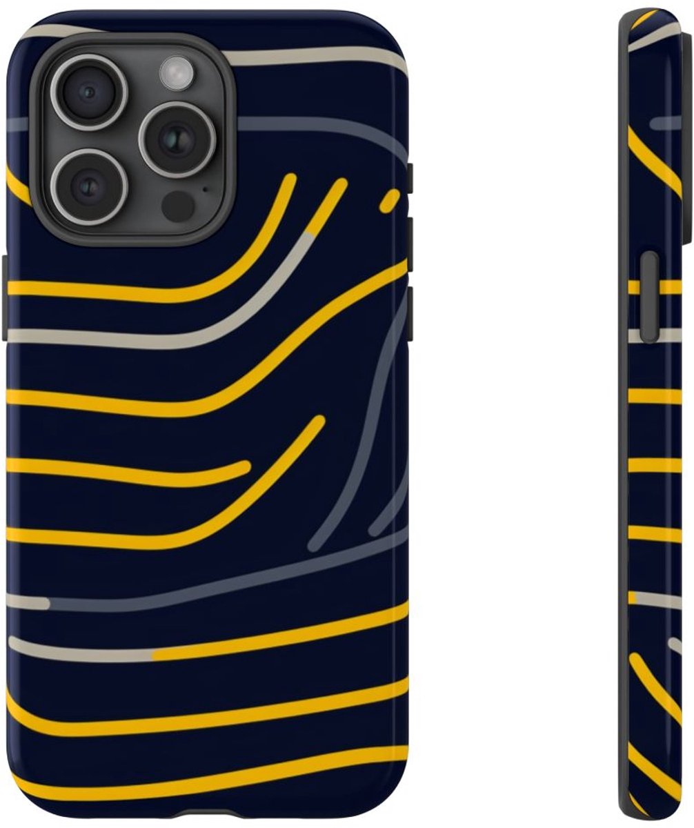 Abstracte Donkerblauwe en Gele Lijnen – Telefoonhoesje Geschikt voor iPhone 15 Pro Max