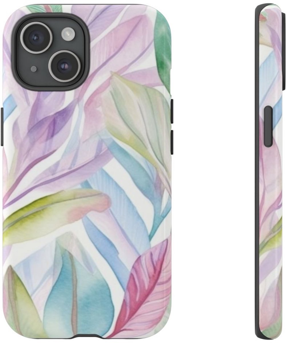 Aquarel Pastelbladeren Patroon – Telefoonhoesje Geschikt voor iPhone 15