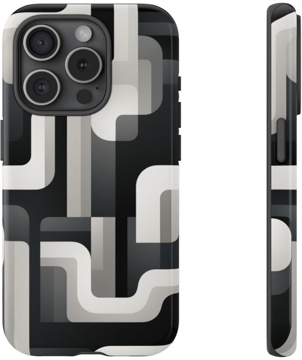 Stoer Zwart-Wit Geometrisch Patroon – Telefoonhoesje Geschikt voor iPhone 15 Pro