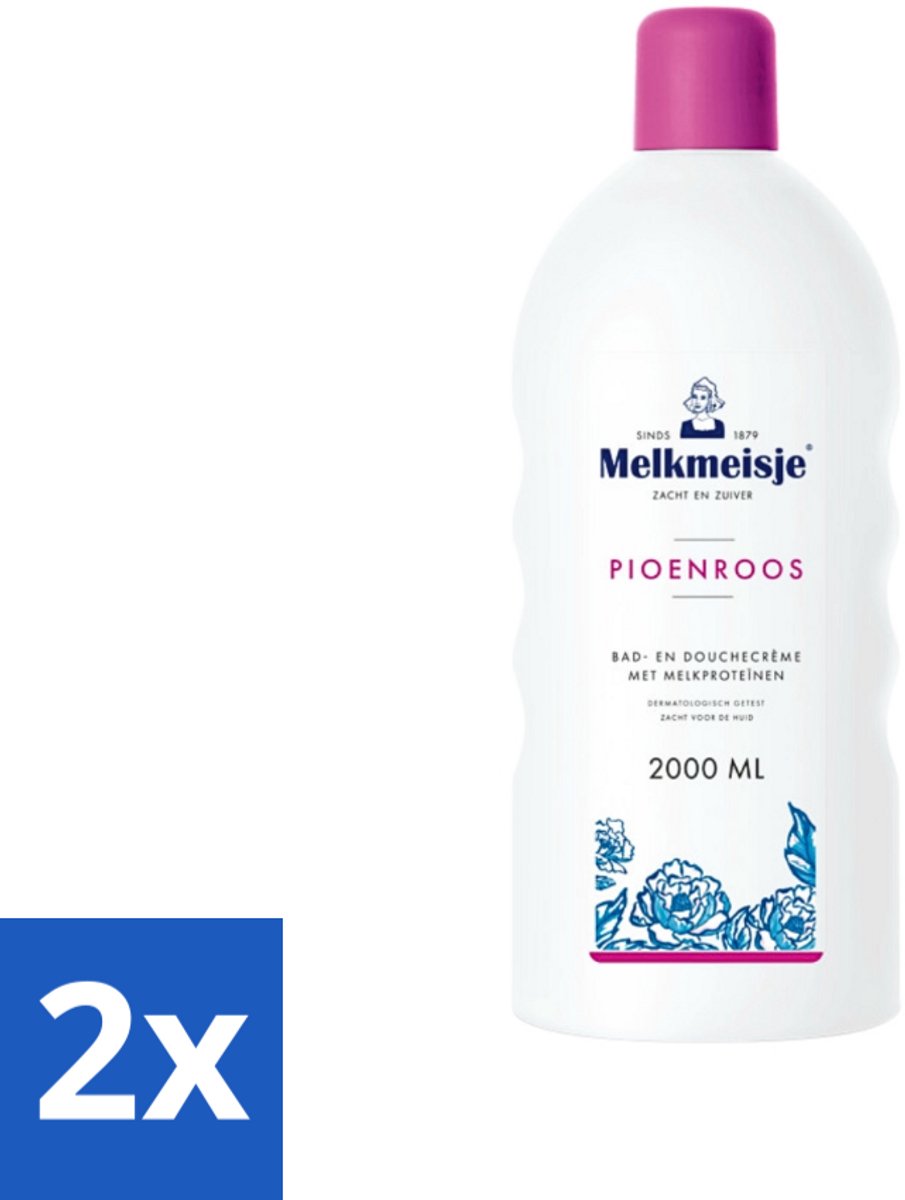 2 x Melkmeisje Bad en Douche Crème Pioenroos 2000 ml - Douchecrème - Melkproteïnen - Katoen - Huidverzorging - Pioenroos